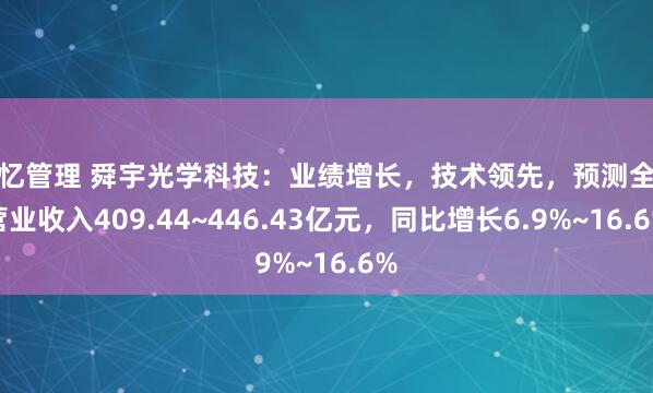 高忆管理 舜宇光学科技：业绩增长，技术领先，预测全年营业收入409.44~446.43亿元，同比增长6.9%~16.6%